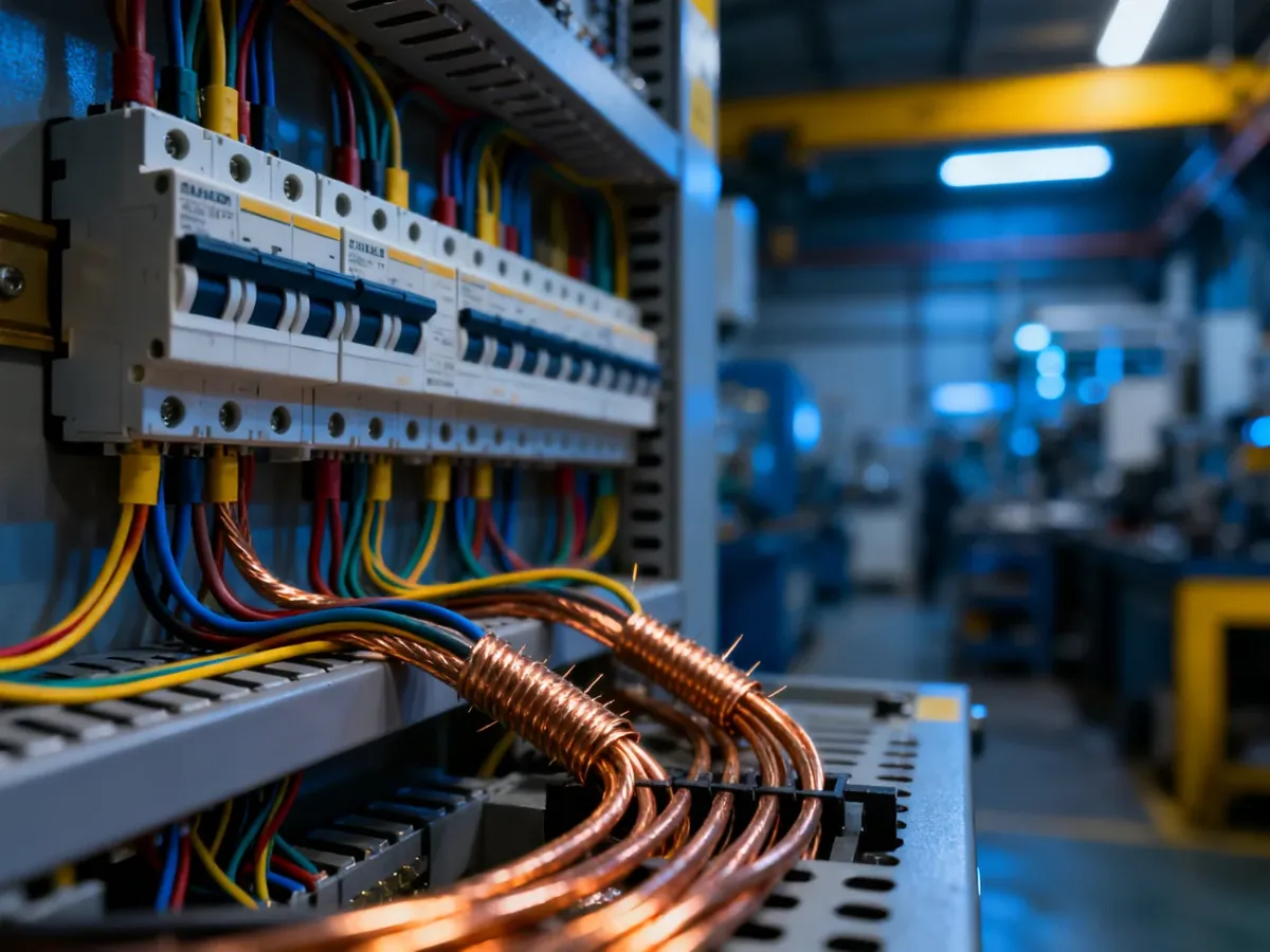 Nowoczesna rozdzielnica elektryczna z uporządkowanym okablowaniem i wyłącznikami nadprądowymi.
