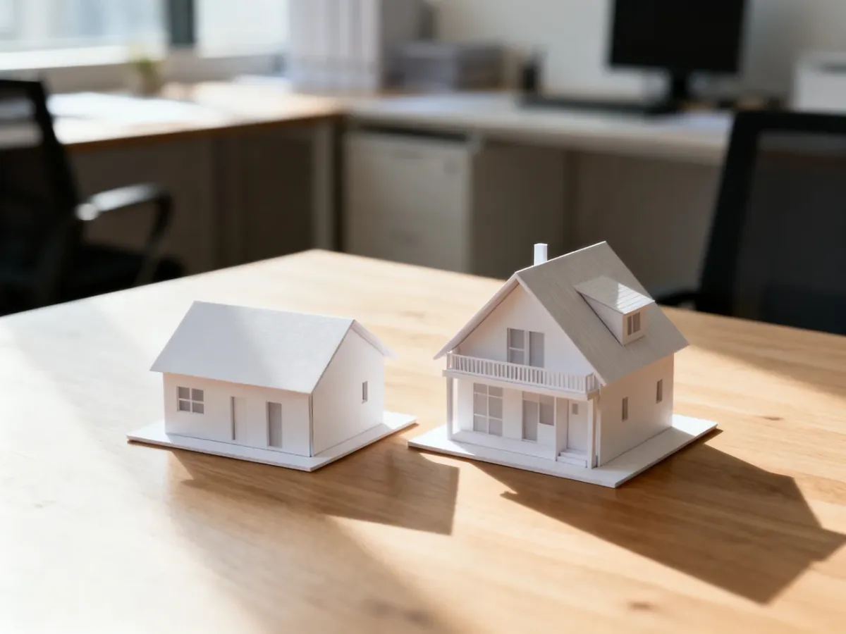 Porównanie modeli domu parterowego oraz domu z poddaszem użytkowym na drewnianym stole w pracowni architektonicznej.