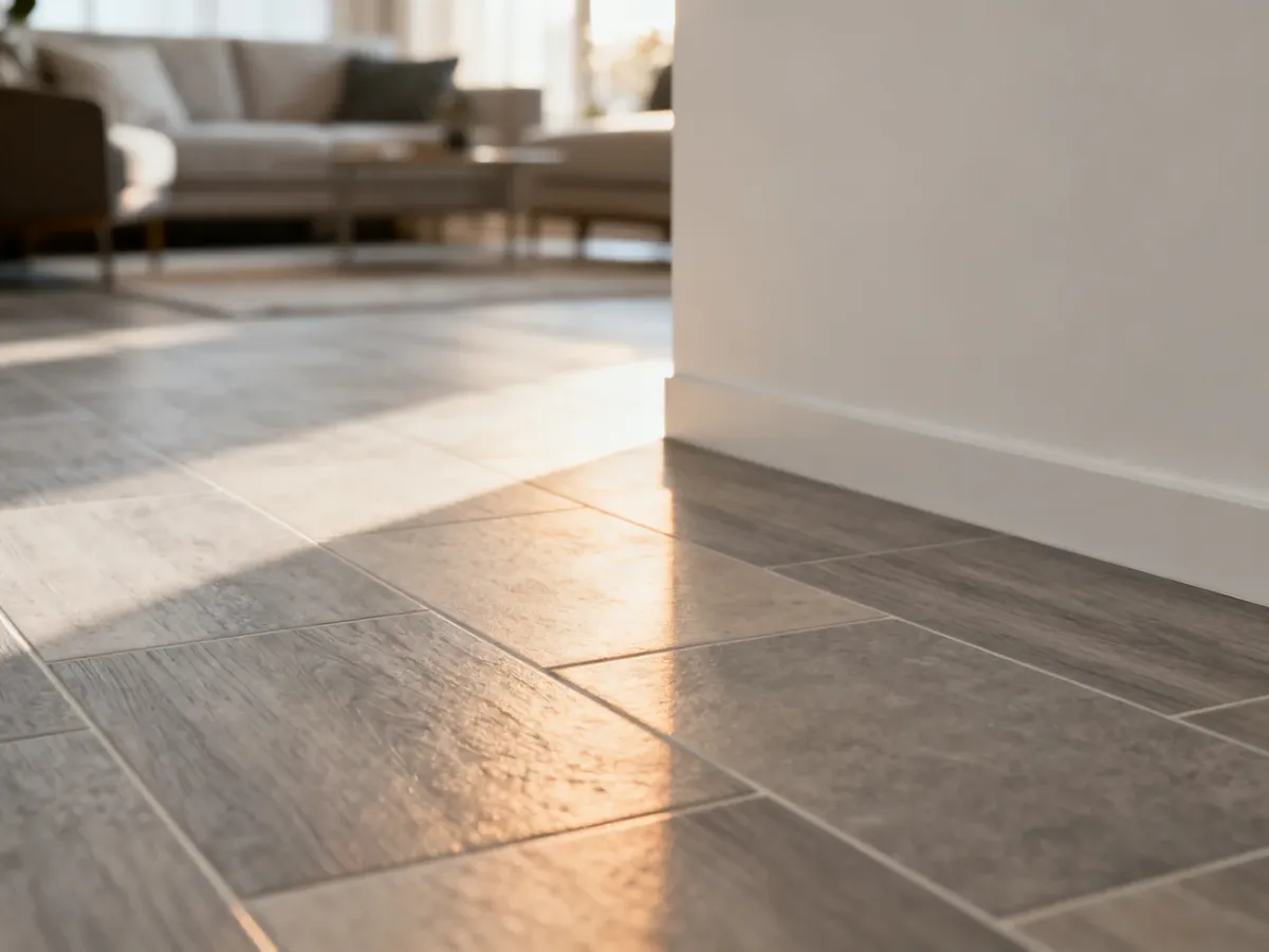 Nowoczesne panele laminowane z wzorem płytek ceramicznych w jasnym, minimalistycznym salonie.